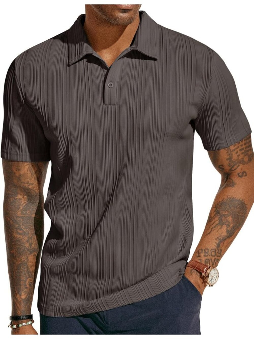 Men's Brown Textured Knit Polo Shirts Regular Fit Imported Stretchy Golf